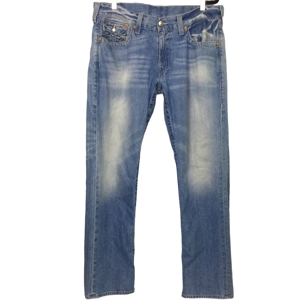 True Religion Men's Flap Pocket Light Wash Straight Leg Blue Jeans Size 38